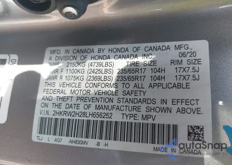 2020 Honda Cr-V Awd Lx из США, поврежденный, VIN 2HKRW2H28LH656252